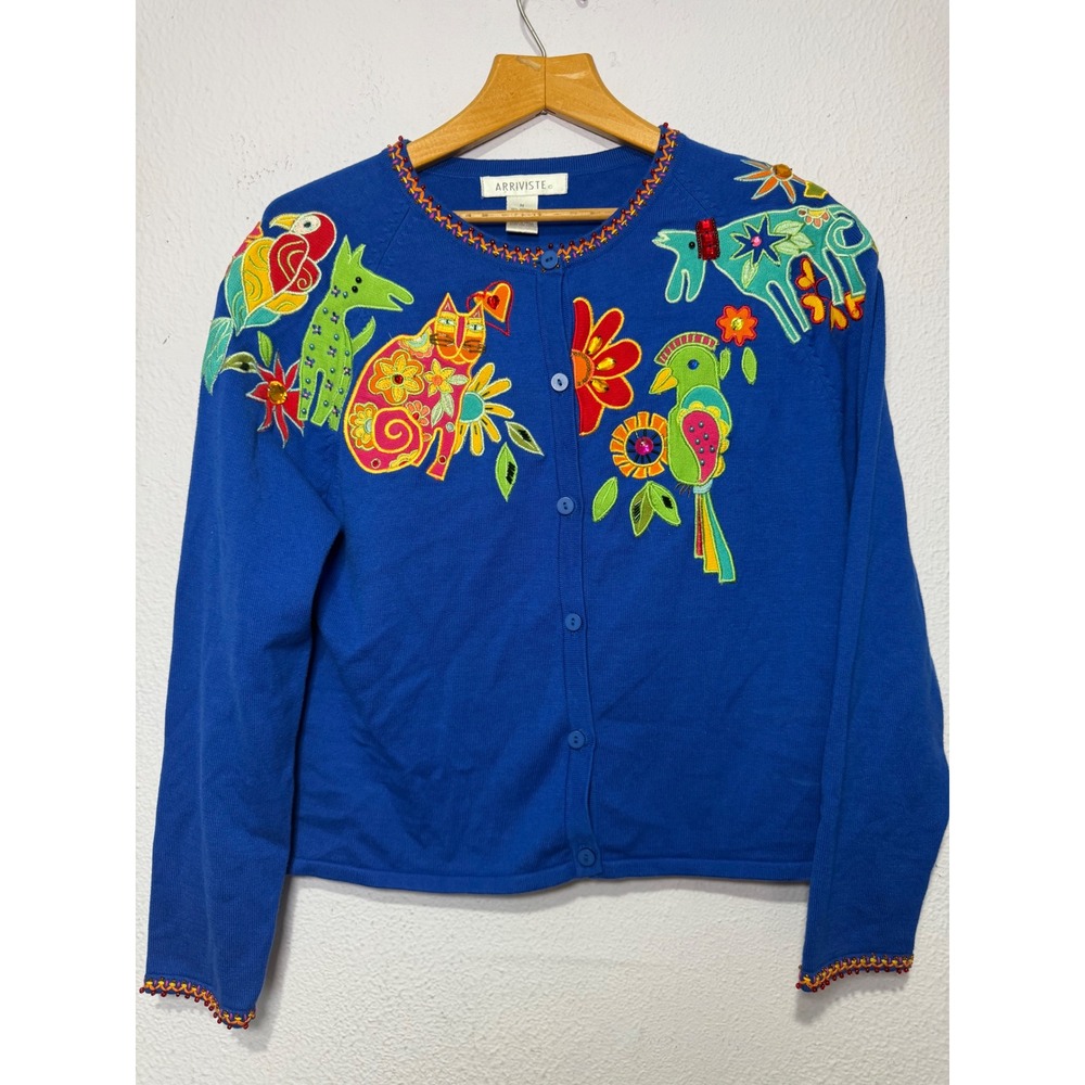 Vintage Arriviste Blue Embroider Animal Cardigan Sweater Cat Dog Parrot Turtle M